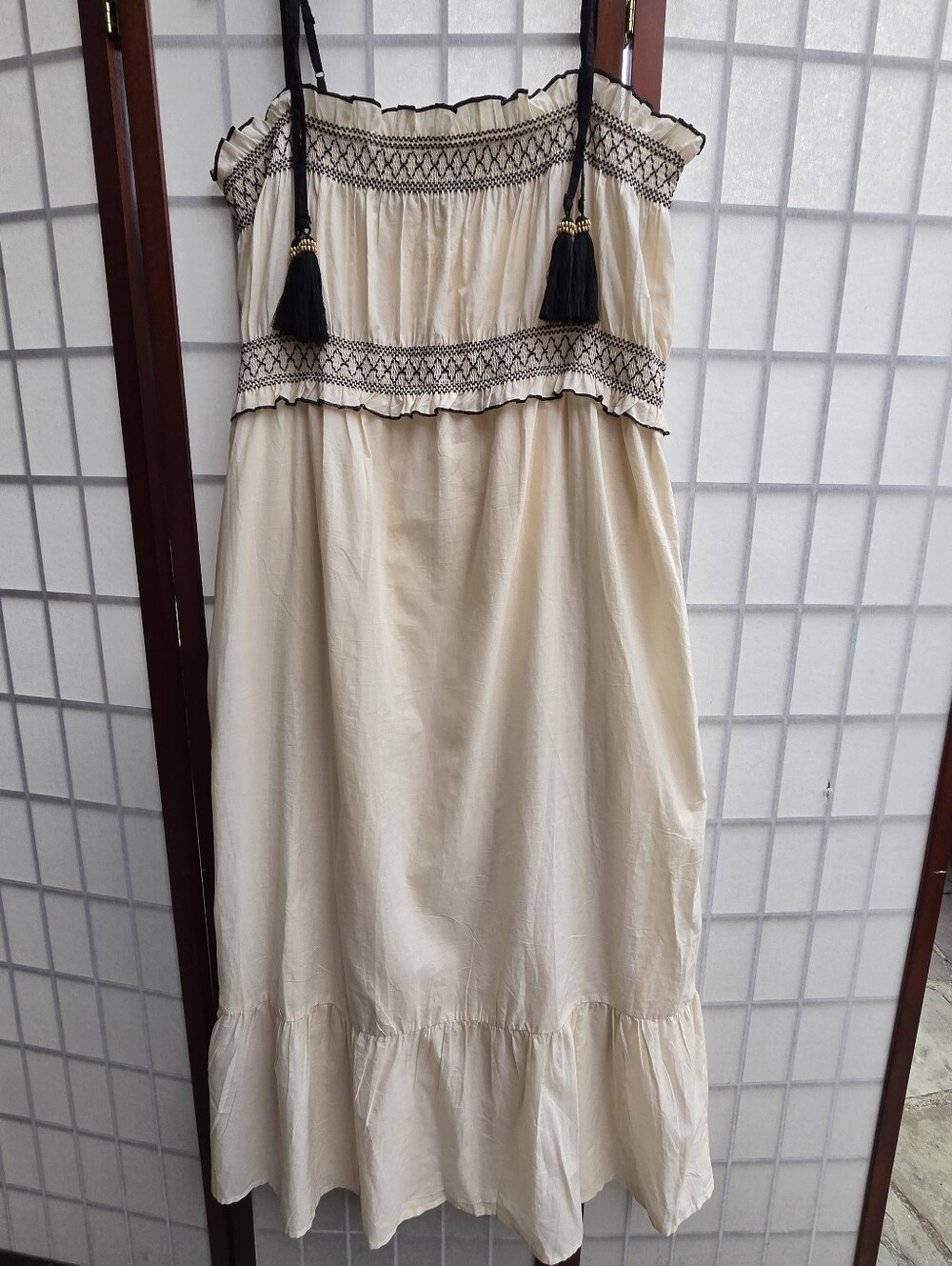 The Good Journey Cream Smocked Boho Embroidered Tassel Maxi Dress XL
